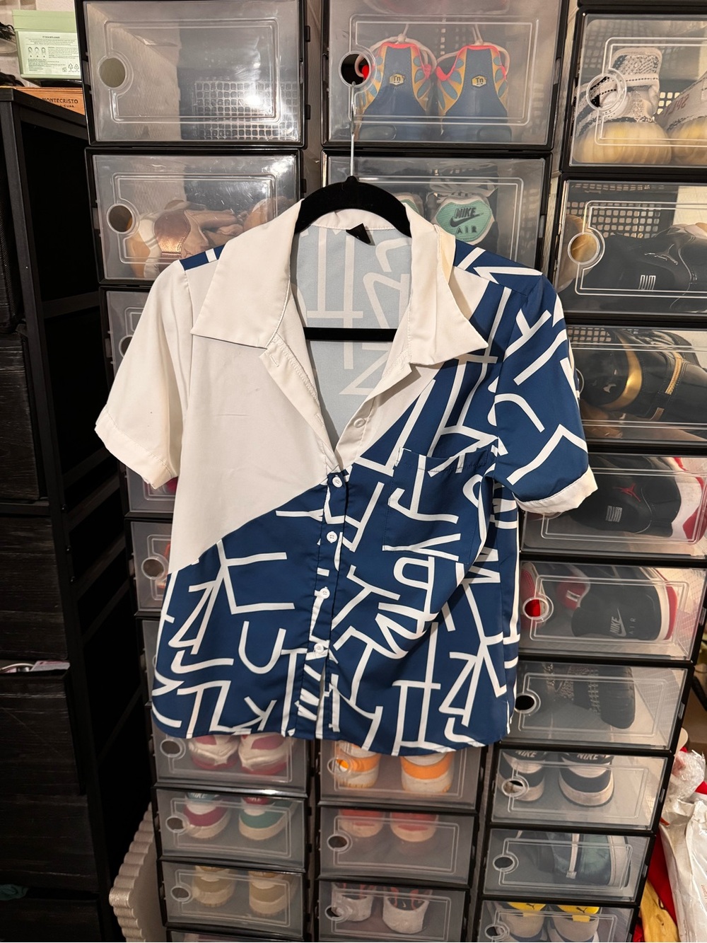 SHEIN Navy & White Geometric Short-Sleeve Button-Up Shirt